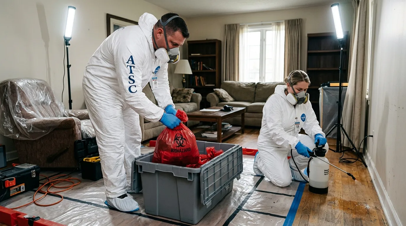 Professional Hoarding Cleanup technician in full PPE working in Verde Village